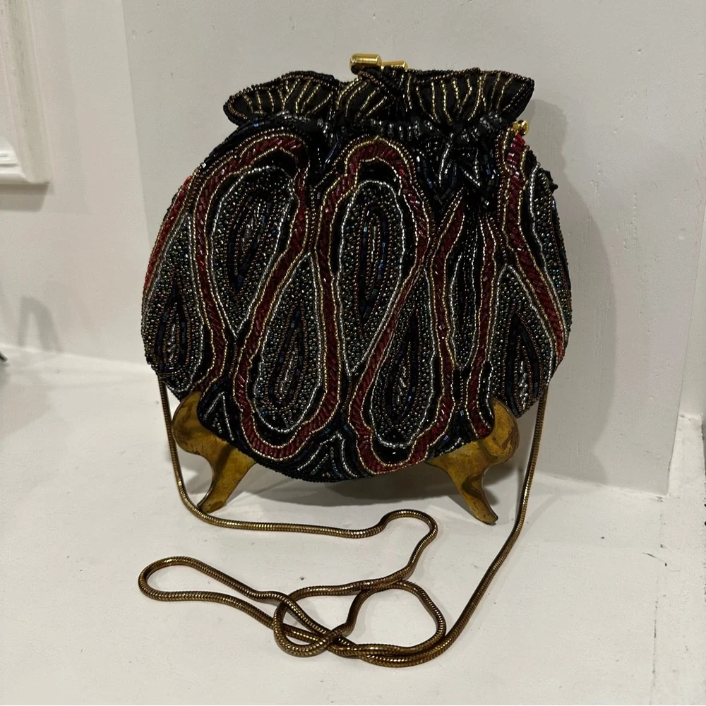 Vanessa Vintage Beaded Evening Bag Gold Snake Chain Paisley Handbag